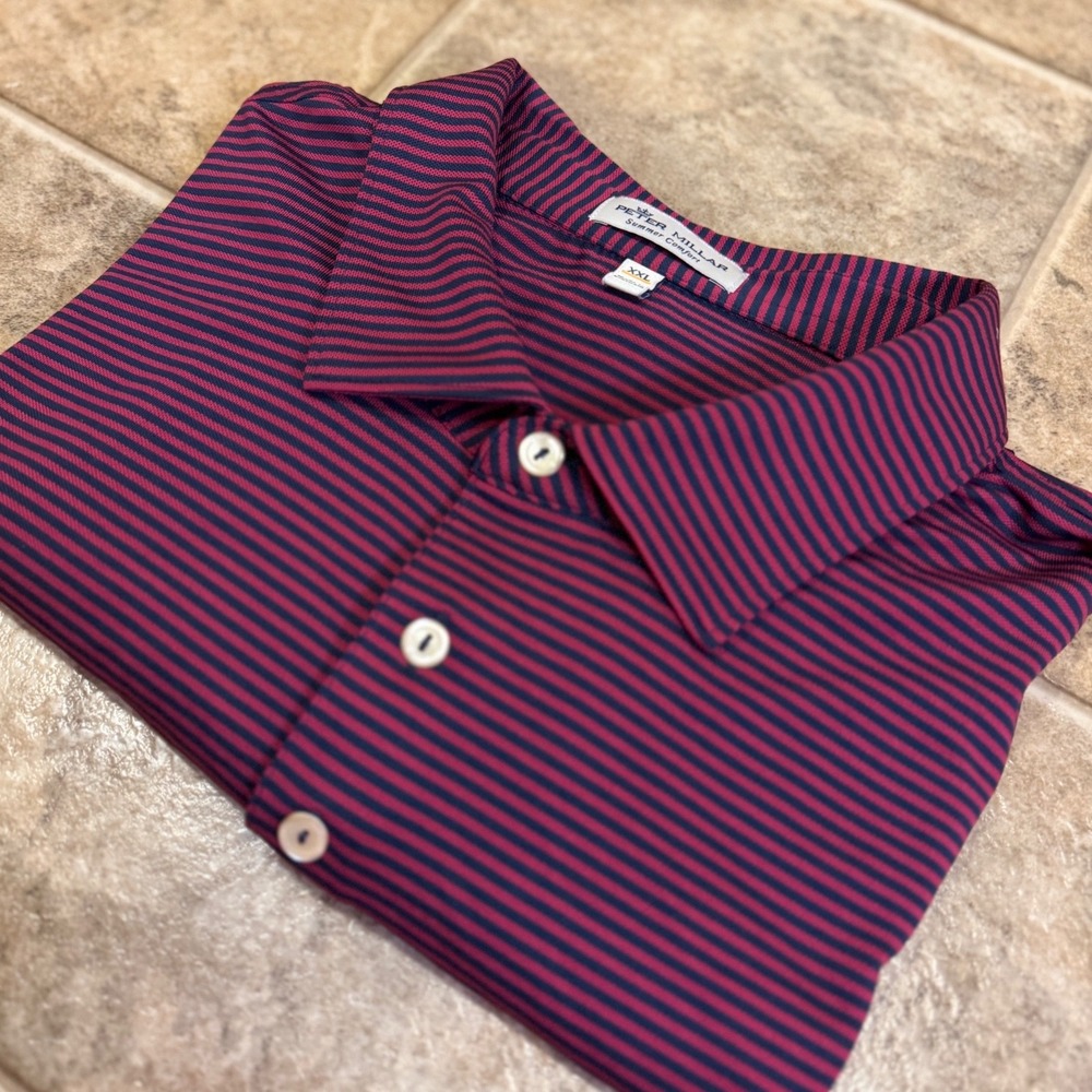 Peter Millar Summer Comfort Mens XXL Polo Burgundy Navy Stripe Squire Creek - Picture 10 of 16